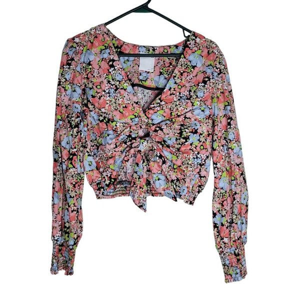 So Cropped Tie Floral Shirt Womens Medium Summer Boho Flirty Barbie - Picture 1 of 10